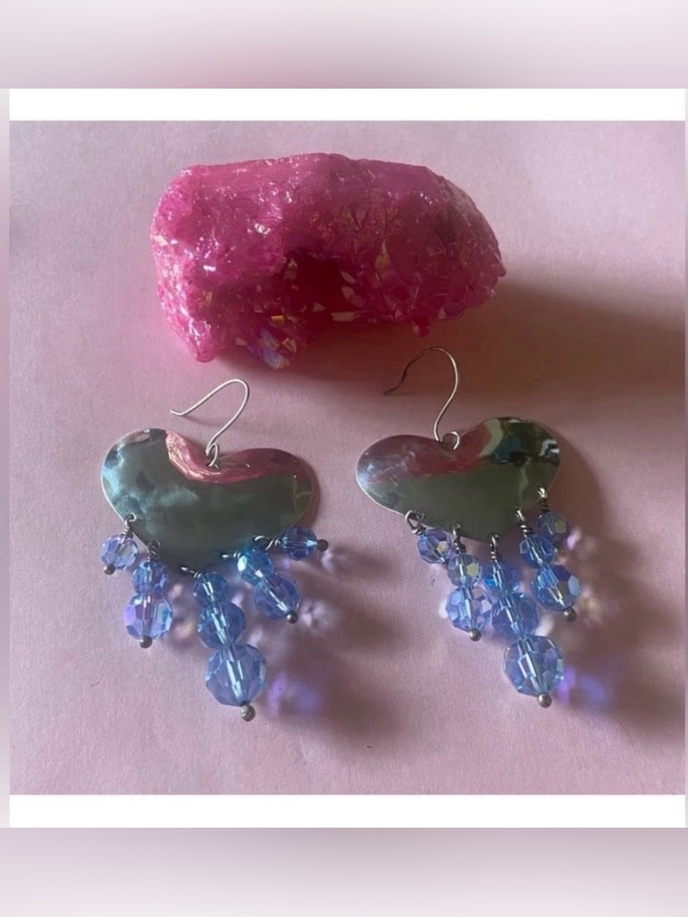 Heart Blue Aurora Borealis Crystal Bead Dangling Earrings #6561